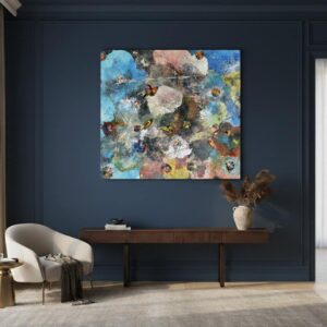 Abstract universe painting called Apollo (on the wall) by Keren de Vreede