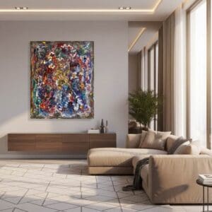 Abstract universe painting called Climate change (on the wall) by Keren de Vreede