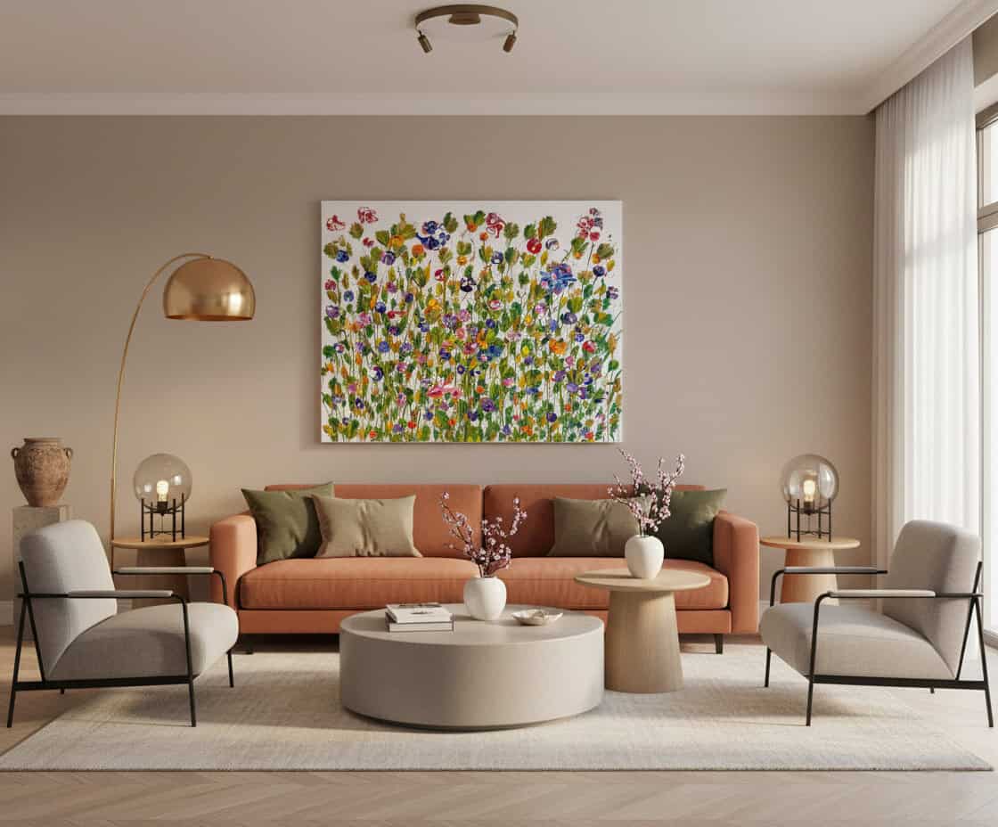 Fields painting called Dancing garden (on the wall) by Keren de Vreede