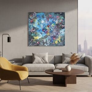 Abstract universe painting called Interstellar (on the wall) by Keren de Vreede