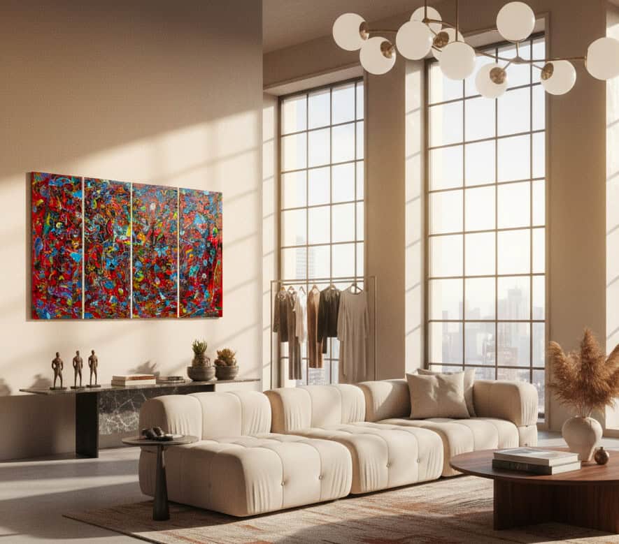 Abstract panel painting called Moulin Rouge (on the wall) by Keren de Vreede