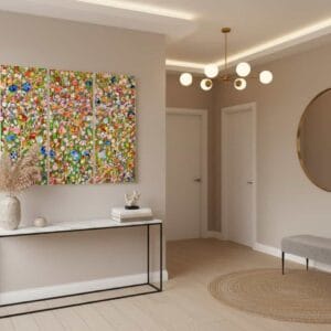 Field panel painting called Summer blues (on the wall) by Keren de Vreede