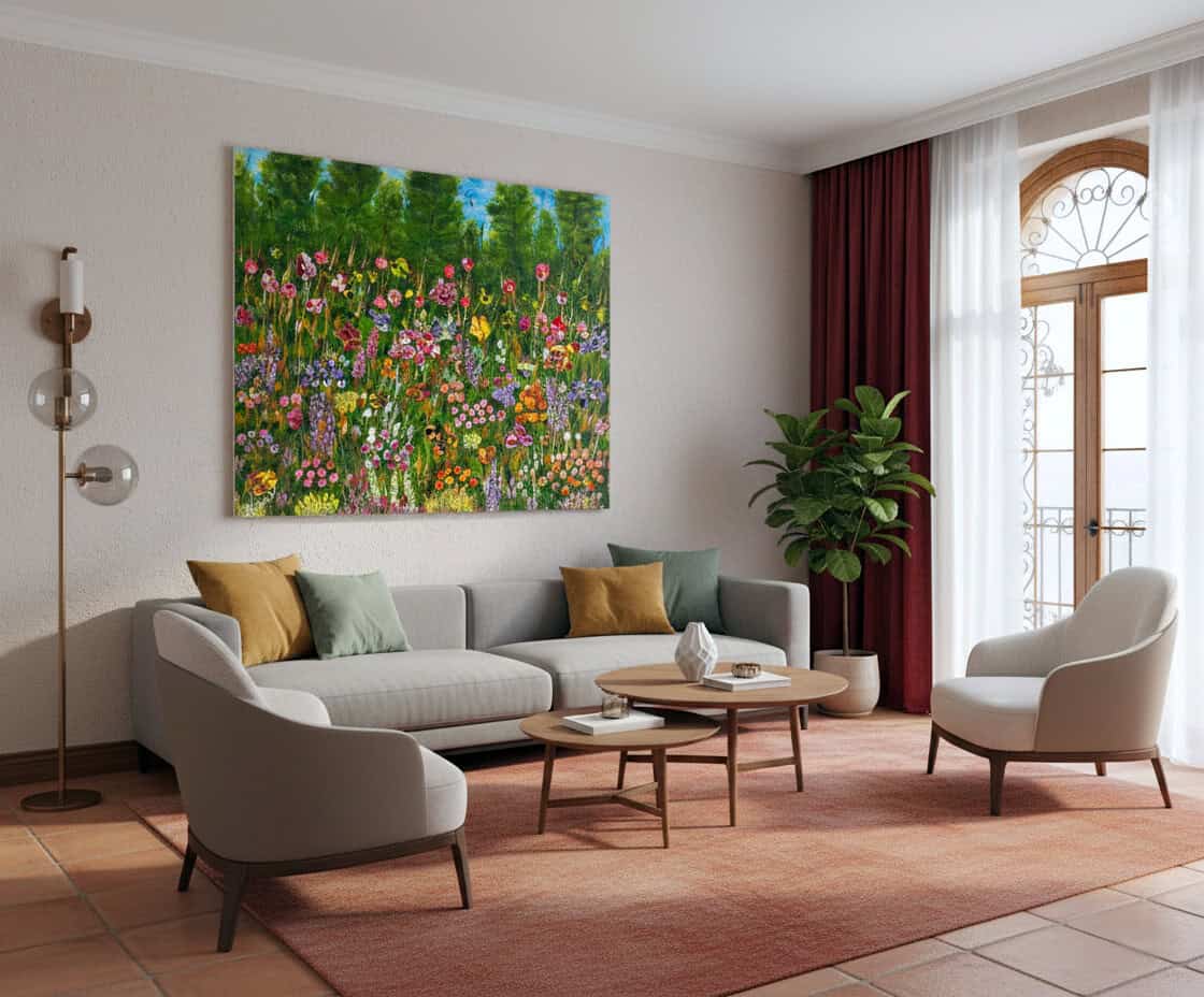 Fields painting called Wildflower forest (on the wall) by Keren de Vreede